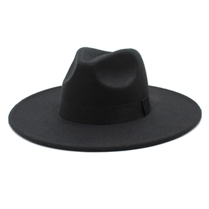 Classic 9.5cm wide brim black wool fedora hat with elegant ribbon decoration for women