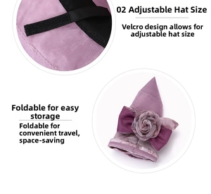 Détail du chapeau en maille violette avec velcro réglable et décor floral avec nœud