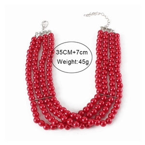Multilayer red faux pearl choker necklace with silver adjustable lobster clasp