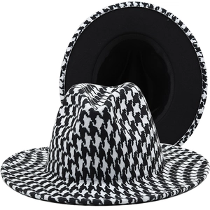 Fedora Hat Woolen Felt Houndstooth Pattern Retro British Style Flat Wide Brim Jazz Cap Unisex