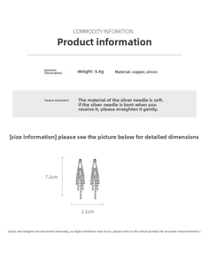 Detail specifications of tassel drop earrings with zircon showing dimensions and material data
