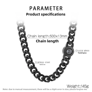 Detail showing 500x13mm black stainless steel Cuban link chain with black crystal inlay