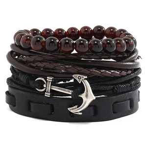 Nautical Anchor Bracelet Multilayer Woven Cowhide Leather Wax Rope Glass Beads Vintage Jewelry Unisex
