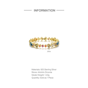 Detail view of 3mm colorful zirconia eternity ring in 925 sterling silver with gold finish