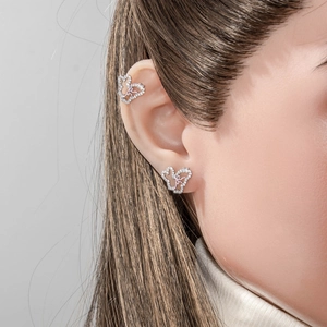 Exquisite rabbit bow cartilage stud earring with micro-pave zircons and pink enamel inlay