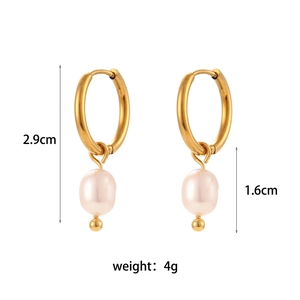 18K gold plated stainless steel hoop earrings with freshwater pearl and golden bead charms