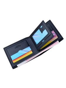 Men short bi-fold wallet black PU leather card holder multi-slot coin pocket for daily use