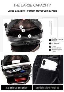 Detail of black faux leather backpack interior showing multiple pockets and side storage