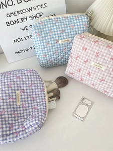 Quilted Cotton Makeup Bag Gingham Bow Large Capacity Portable Toiletry Organizer Travel Cosmetic Pouch For Women Girls