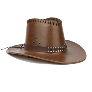 Classic brown cowboy hat with wide brim, faux leather finish and metallic rivet band