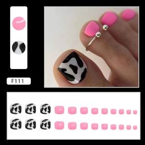 Barbie pink and cow pattern press-on toe nails set with 24 pieces for women