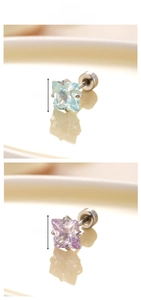 Detailed view of 6mm square light blue and purple zircon stud earrings in titanium steel