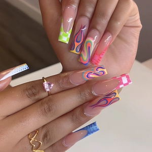 Press On Nails Long Coffin Shape Fake Nails French Flame Checkerboard Pattern Colorful Artistic Design Fashionable For Women Girls