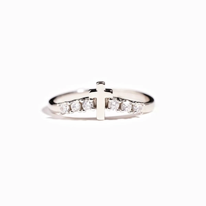 Polished S925 sterling silver cross ring for women featuring sparkling white zircon stones