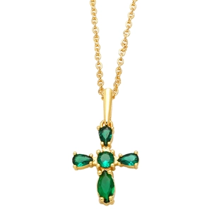 Minimalist gold cross necklace featuring vibrant green pear-shaped gemstones on white backdrop