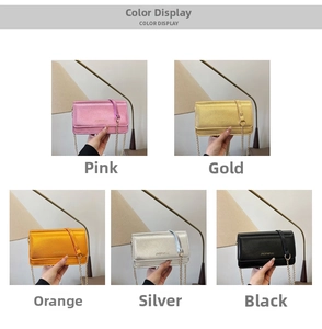 Detail showcasing five metallic color options and gold chain straps for this shoulder bag
