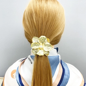 French vintage gold flower hair tie with pearls and hammered metal texture for women