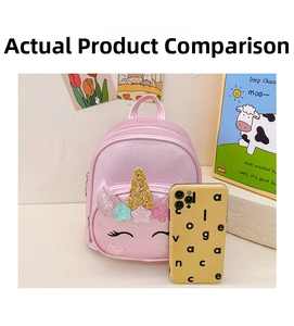 Pink unicorn kids backpack showing size comparison next to a mobile phone