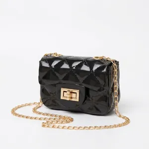 Women Mini Jelly Crossbody Bag Quilted Rhombic Pattern PVC Small Square Purse With Gold Metal Chain Strap And Turn Lock