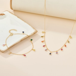 Colorful pear-cut gemstone jewelry set with gold-plated necklace and bracelet