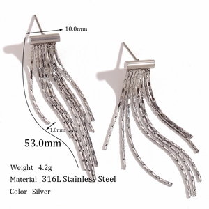 Silver multi-chain tassel earrings in 316L stainless steel with detailed dimensions
