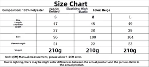 Detaillierte Größentabelle für beigen Strickpullover mit Maßen für Länge, Schulter und Brust