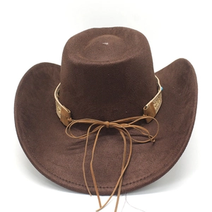 Detail of dark brown suede cowboy hat with ethnic braided band and adjustable wind rope