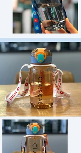 Detail of transparent sports water bottle with leak-proof lid and stylish printed strap