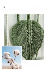 Detailed close-up of handmade woven leaf tapestry with green natural cotton cord texture