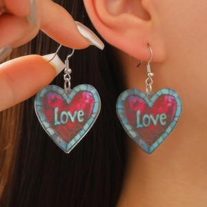Acrylic heart drop earrings with Love text and mosaic pattern for Valentine Day