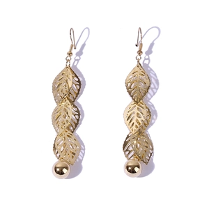 Detailed view of layered hollow leaf design drop earrings with golden metal finish