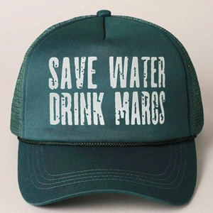 Retro dark green trucker hat with breathable mesh and SAVE WATER text print design