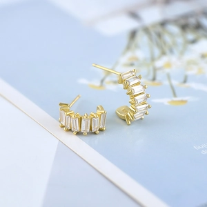 Elegant gold S925 silver needle C-shaped earrings with rectangular cubic zirconia accents