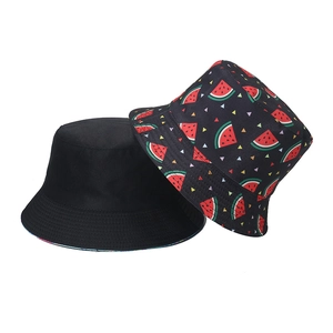 Two-pack sun hats featuring a solid black bucket hat and a cute watermelon print design