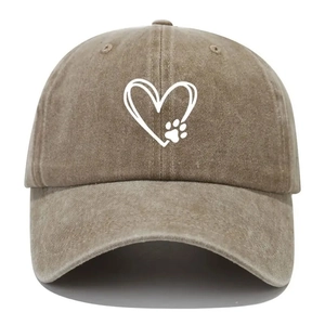 Adjustable khaki washed cotton baseball cap with heart and paw print embroidery