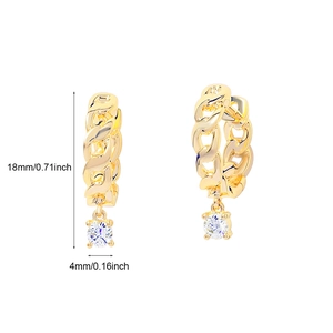Detail view of gold chain earrings with round cubic zirconia and dimensions 18mm by 4mm