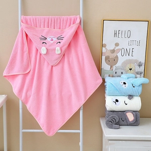 Pink cat coral fleece hooded towel for babies with animal embroidery details