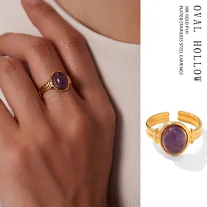 Anello Aperto Regolabile In Acciaio Inossidabile Placcato Oro 18K PVD Con Pietra Ovale Viola Verde Retro Design Per Donna