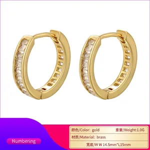 Gold plated brass hoop earrings with rectangular cubic zirconia stones 14.5x15mm