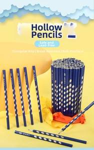 Detailed close-up of blue triangular HB pencils with ergonomic grip holes on yellow background