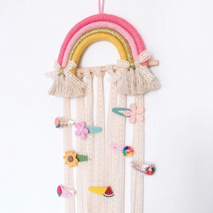 Woven Rainbow Hair Bow Holder Cotton Rope Wood Wall Hanging Storage Organizer Kids Room Nursery Decor Lace Ribbons