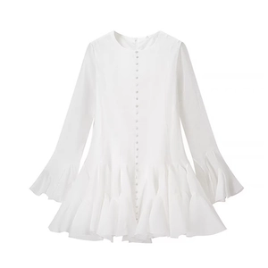 Short white long-sleeve dress with single-breasted buttons and tiered ruffle hemline