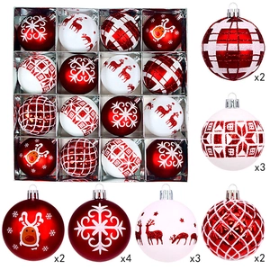 Detailed view of 16pcs red and white Christmas ball set with snowflake and deer patterns