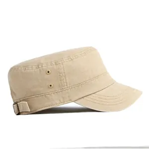 Khaki cotton cadet cap with side metal eyelets and adjustable back strap on white background
