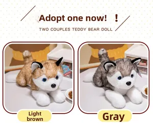 Detailed comparison of grey and light brown husky plush dogs in a cozy home setting