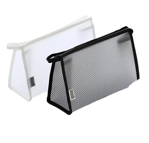 Portable waterproof PVC mesh toiletry bags in black and white with zipper handles