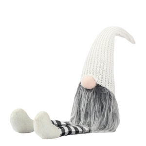 Plush Christmas gnome with long knit hat and black-and-white checkered legs decor
