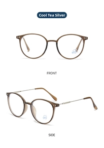 Front and side views of tea brown anti-blue light glasses with silver metal frames