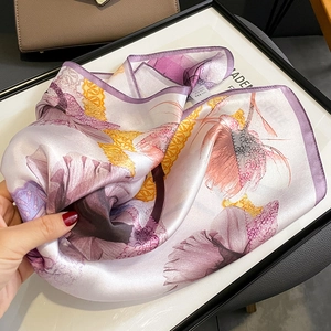 Elegant 100% silk floral square scarf in purple and gold, size 53x53cm for women