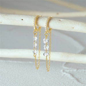 Detail view of gold tassel earrings with zircon stones hanging on a white branch